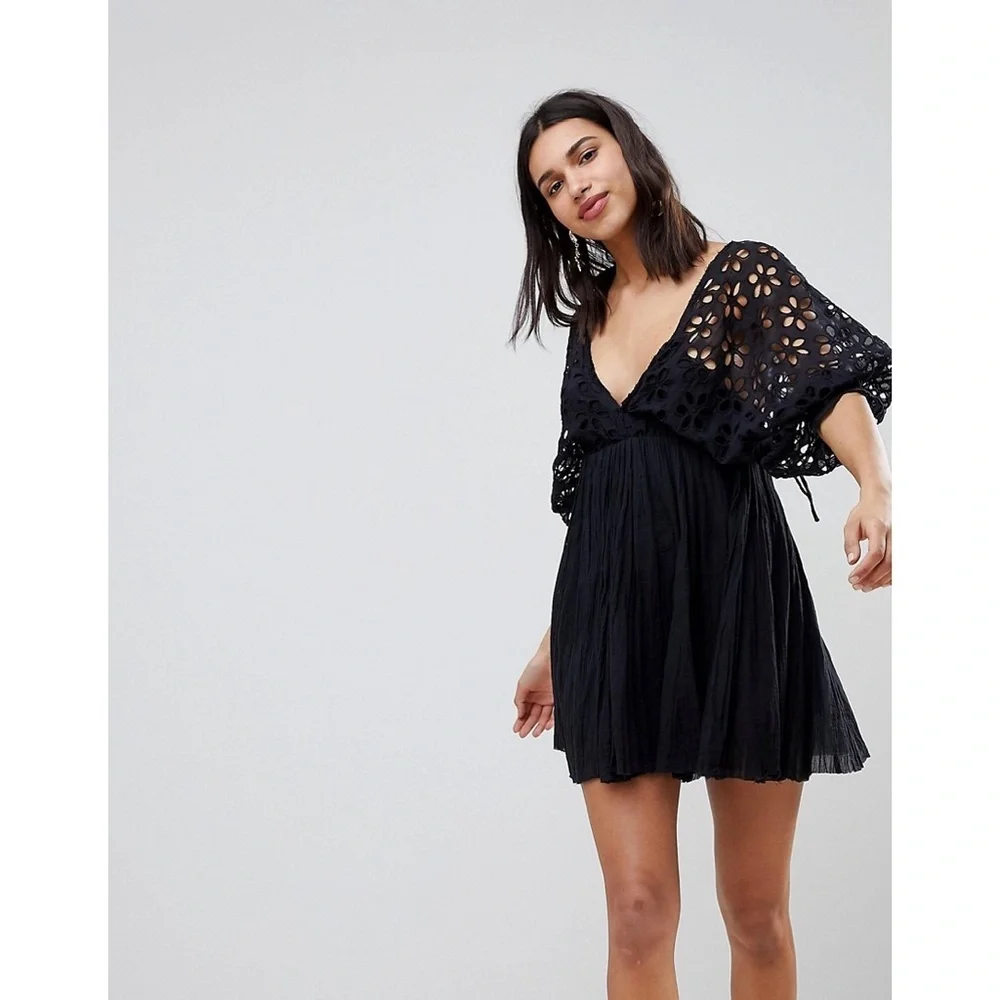 Free People Bella Notte Black Eyelet Mini Dress - Picture 2 of 16